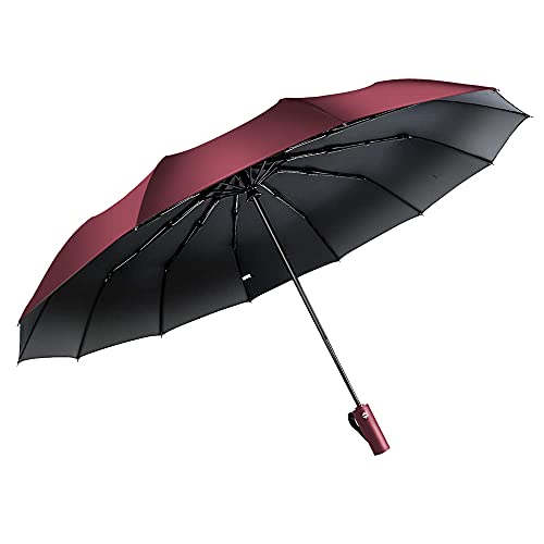 Feimvb Travel Umbrella, Windproof Automatic Umbrella Compact Sized Portable Personal Umbrella with 10 Rib Reinforced Canopy and Auto Open & Close Function, (burgundy)