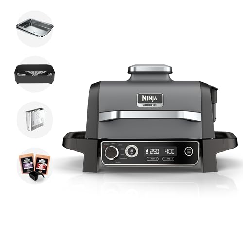 Ninja Woodfire Electric BBQ Grill & Smoker, 7-in-1 Outdoor Barbecue Grill & Air Fryer, Roast, Bake, Dehydrate, Uses Woodfire Pellets, Weather Resistant, Non-Stick, Portable, Grey/Black, OG701UK