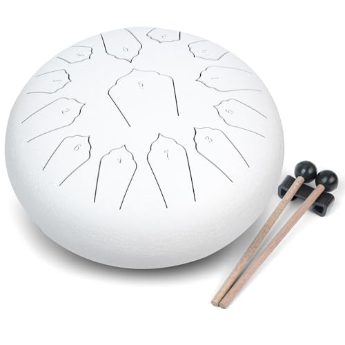 MUSCELL Steel Tongue Drum 12 Inches 13 Notes, Hand Drum with Bag, Music Book, Drumsticks, Mallet Holder and Finger Paddles, Thickened Carbon Steel, Continuous Echo for Meditation or Yoga (White)