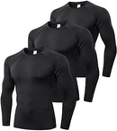 Men's Compression Shirts Longs Sleeve Workout Gym T-Shirt Running Tops Cool Dry Sports Base Layer Athletic Undershirts, Black*3, Large