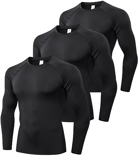 Men's Compression Shirts Longs Sleeve Workout Gym T-Shirt Running Tops Cool Dry Sports Base Layer Athletic Undershirts, Black*3, Large