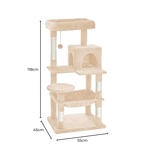 Floofi Cat Tree with Scratching Post & Interactive Cat Toy, Multi-Level Tower & Play House Suitable for Indoors (118 cm, Beige Plush Cat Condo)