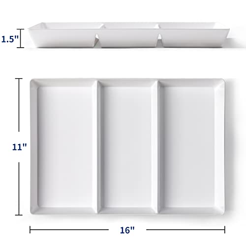 VITEVER 4 Pack, 16'' x 11'', 3-Section Large White Serving Trays Set - Reusable Plastic Platters for Party Food, Charcuterie, Snack, Dessert Display, Stackable Kitchen Dish, BPA Free (VT11-BTP4DV)