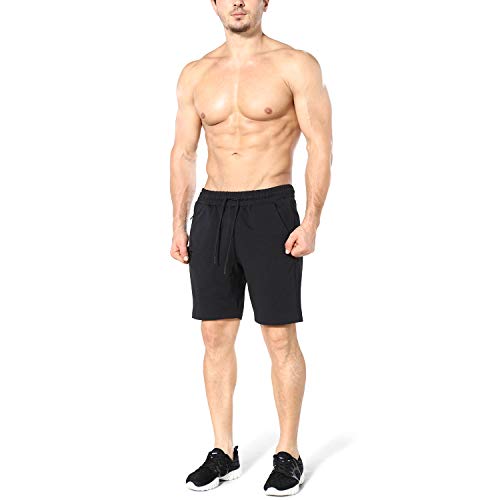 ZENWILL Mens Gym Running Shorts, Workout Athletic Bodybuilding Fitness Shorts with Zip Pockets (Large,Black)
