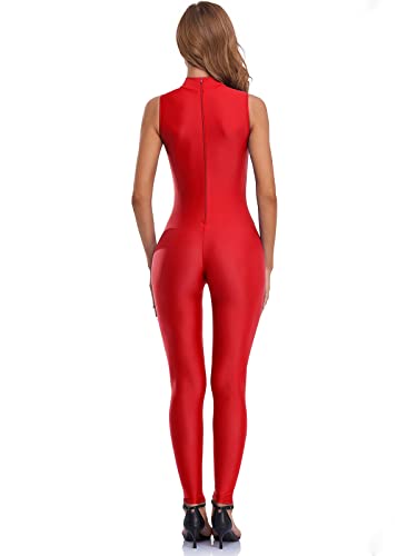 speerise Spandex Bodysuit for Women Zip Sleeveless Unitard Bodycon Jumpsuits Leotard for Costume, Red, Small