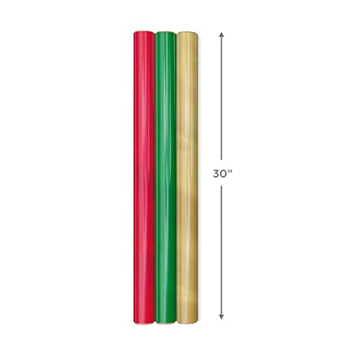 Hallmark Foil Christmas Paper with Cut Lines on Reverse (3 Rolls: 60 sq ft TTL) Gift Wrap, Tri-Pack, Red, Green, Gold Solid