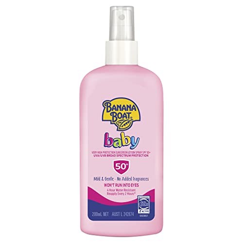 Banana Boat Sunscreen Baby Lotion Spray 200ml SPF 50+ 200 ml, UVA/UVB, Mild & Gentle, Fragrance-Free, 4-Hour Water Resistant, Made in Australia