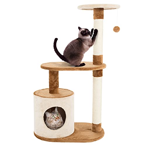 3-Tier Cat Tree - 2 Napping Perches, Kitten Condo, 2 Sisal Rope Scratching Posts, and Hanging Toy - Tower for Indoor Kitties by PETMAKER (Brown)