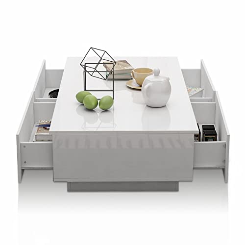 Luxsuite Coffee Table High Gloss Tea Table Wooden with Storage 4 Drawers Storage Shelf Cabinet Living Room Furniture White 95cm