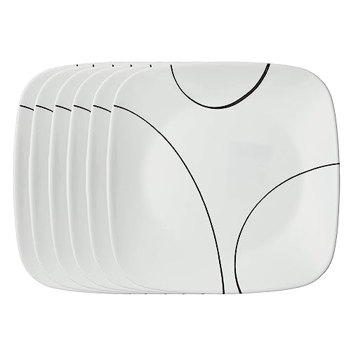 Corelle Vitrelle 6-Piece Salad Plates Set, Triple Layer Glass and Chip Resistant, Lightweight Square 9-Inch Plates, Simple Lines