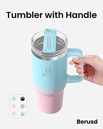 Berusd 1.2L Insulated Travel Mug Coffee Cup, Thermo Cup, Insulated Tumbler with Handle and Straw Lid, Double Wall Vacuum Stainless Steel Mug, Large Sports Water Bottle, 40 oz, Blue Pink