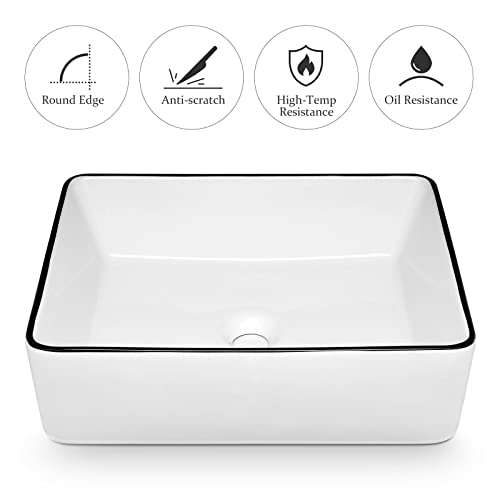Luxsuite Bathroom Basin Bathroom Sink Vessel Washing Basin Vanity Hand Wash Bowl Above Counter Bath Toilet Countertop Rectangle Ceramic Basin White 48x37cm