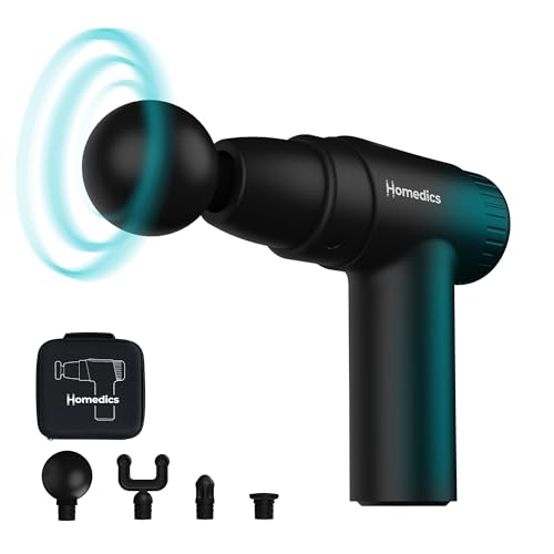 Homedics NOVO Mini Massage Gun, 4 Attachments and 6 Intensity Levels, from Soothing Vibration to the Most Intense Percussion Massage, USB-C Charging Port and 1 Hour Runtime, Compact Travel Case