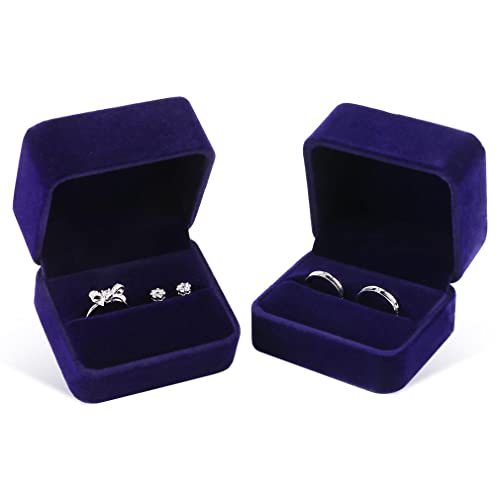 iSuperb Set of 2 Blue Velvet Couple Double Ring Box Earring Jewelry Case Gift Boxes 2.7x2.7x1.6inch