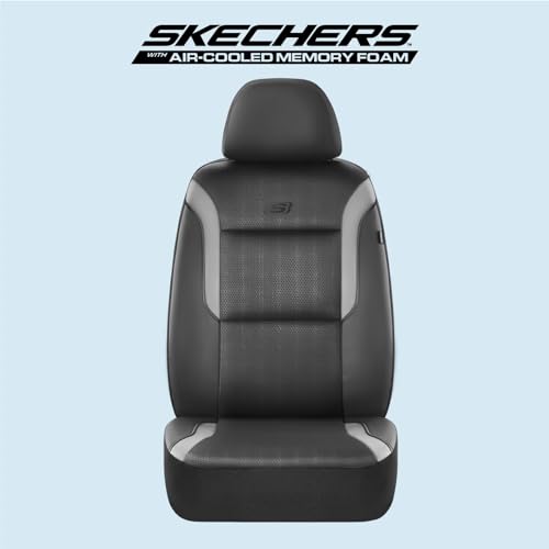 Skechers Memory Foam™ Leather Car Seat Covers, Air Cool Mesh Thick Seat Covers, Gray Two Front Seat Covers, Airbag Compatible, Automotive Comfort & Protection for Most Cars, Van,Trucks, SUVs