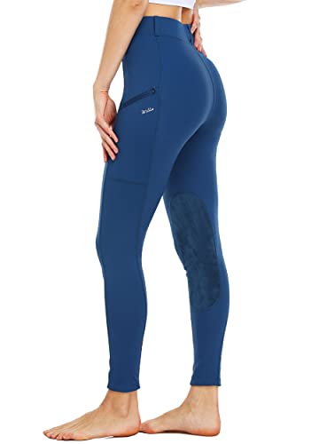 Willit Women's Riding Tights Knee-Patch Breeches Equestrian Horse Riding Pants Schooling Tights Pockets Deep Blue M