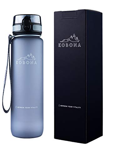 KOBONA 1L Motivational Smart Water Bottle with Time Marking Hydration Tracking Reminder for Sports Fitness - Wide Mouth for Ice, Fruit Infuser, Leak Proof, Light-Weight BPA Free Tritan Material, Grey