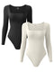 OQQ Women's 2 Piece Bodysuits Sexy Ribbed One Square Neck Long Sleeve Bodysuits, Black Beige, Small OQ147