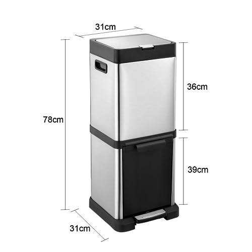 40L Pedal Rubbish Bin Dual Compartment Garbage Bin Recycle Stainless Steel Waste Bin Push Button+Foot Pedal Trash Can for Kitchen Office 31 x 31 x 78cm