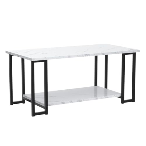 AWQM Marble Coffee Table, Faux Marble Top Rectangular Coffee Table with Black Metal Frame, 2 Tier Living Room Table for Living Room, Office, Balcony, White, 40 Inch