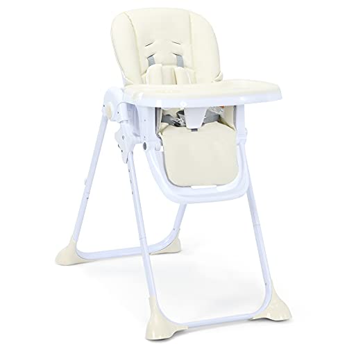 BABY JOY Baby High Chair, Folding Highchair for Toddlers w/Adjustable Height, Recline Backrest & Footrest, Portable High Chair Baby Dinning Chair w/Wheels, Removable PU Leather Seat (Beige)