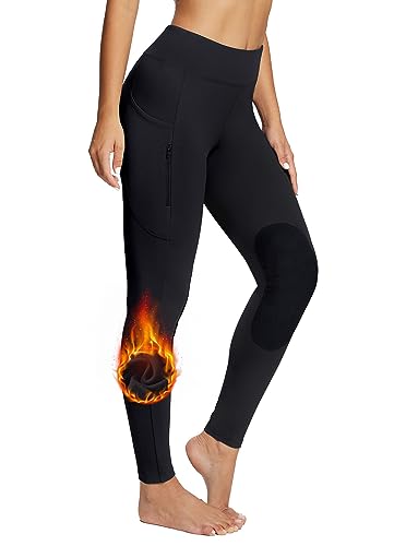 BALEAF Women's Winter Riding Pants Horse Breeches Knee-Patch Fleece Horseback Equestrian Tights Pockets Leggings, Black, Small