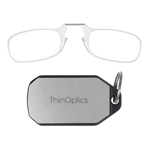 ThinOptics Keychain Case and Readers Rectangular Reading Glasses, Silver Case/Clear Frames, 44 mm