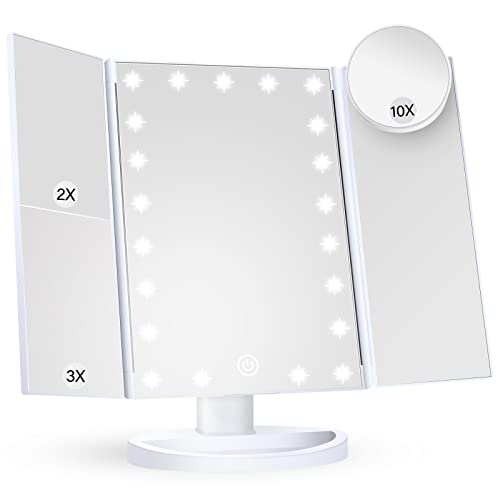 Makeup Mirror Vanity Mirror with Lights, 1x 2X 3X Magnification, Lighted Makeup Mirror, Touch Control, Trifold Makeup Mirror, Dual Power Supply, Portable LED Makeup Mirror, Women Gift