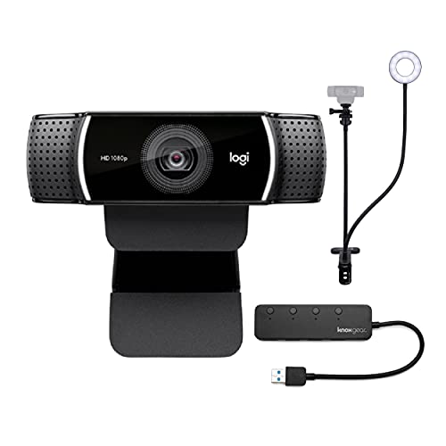 Logitech C922 Pro Stream 1080p Webcam, Knox Gear Holder and Light Stand and 4-Port USB Hub (3 Items)
