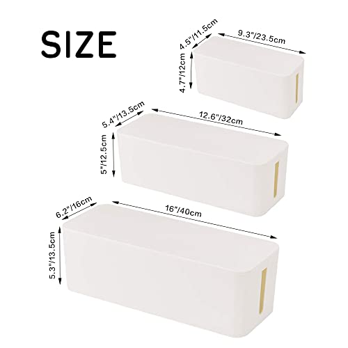 [Set of 3] Cable Management Boxes Organizer, System to Cover and Hide & Power Strips & Cords,Large Storage Wires Keeper Holder for Desk, TV, USB Hub, Computer (White)