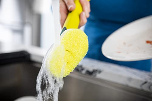 Scrub Daddy Dish Wand, Soap Dispensing Dish Brush, Texture Changing Washing Up Sponge with Liquid Handle, Built-in Scraper & Detachable Scrubbing Head, Drip Stand, Yellow