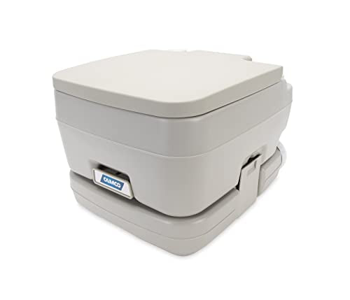 Camco Portable Travel Toilet | Features Bellow-Type Flush and Sealing Slide Valve to Lock-in Odors 2.6 Gallon (41531),Gray/Beige