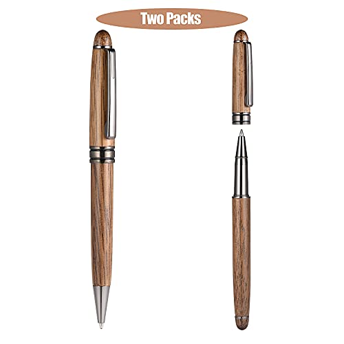 Wood Ballpoint Pen Set 2 Pack, Fancy Wooden Pens and Rollerball Pen for Men Extra 4 Ink Refills (2 Blue & 2 Black) Nice Writing Pen Gift Set for Business Journaling Executive Signature