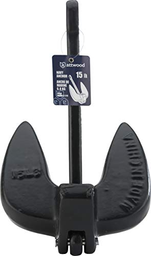 Attwood 9934B1 Solid Cast Iron 15-Pound Large Eye Navy Boat Anchor, Black PVC-Coated Finish, One Size