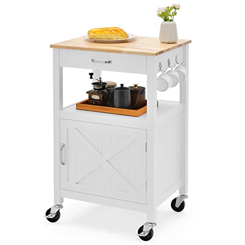 Giantex Kitchen Island Cart, Rolling Kitchen Island with Rubber Wood Top, Storage Drawer, Cabinet and Shelf, Coffee Cart on Wheels with Side Hooks for Kitchen Dining Room Living Room (White)