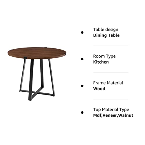 Walker Edison 4 Person Round Industrial Modern Wood Small Dining Table Dining Room Kitchen Table Set Dining Chairs Set, 40 Inch, Dark Walnut and Black