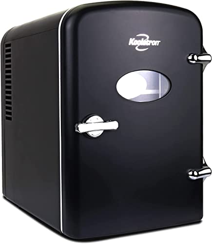 Koolatron Retro 4L 6 Can Portable Mini Fridge, Compact Car Refrigerator, Skincare Cosmetic Beauty Makeup Personal Cooler 12V and AC Cords Desktop Accessory for Bedroom Home Office Travel (Black)