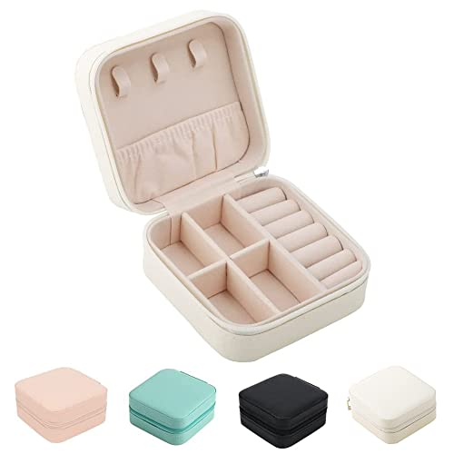 Small Jewelry Box, FOME Portable Jewelry Box Organizer PU Leather Mini Travel Jewelry Storage Case for Rings Earrings Necklace Bracelets Jewelry for Women Girls (White)