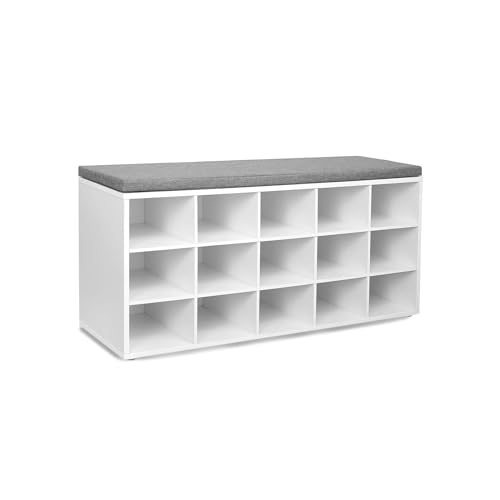 VASAGLE Shoe Bench, Storage Bench, Shoe Rack Bench, Shoe Shelf, Storage Cabinet, 15 Compartments, with Cushion, for Entryway, 11.8 x 41.3 x 18.9 Inches, White and Gray ULHS15WT