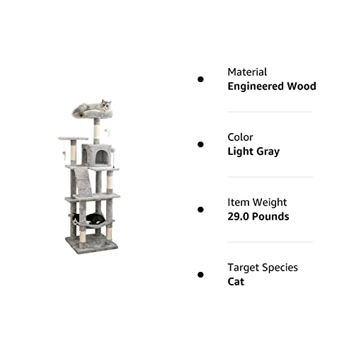 MWPO 63.8 inches Multi-Level Cat Tree for Large Cats with Sisal-Covered Scratching Posts, Padded Platform, Hammock and Condo,Stable Cat Tower Cat Condo Pet Play House-Light Gray