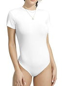 UNTYHOTS Women Long Sleeve Bodysuit Round Neck Basic Ribbed T Shirts(Short Sleeve White,Medium)