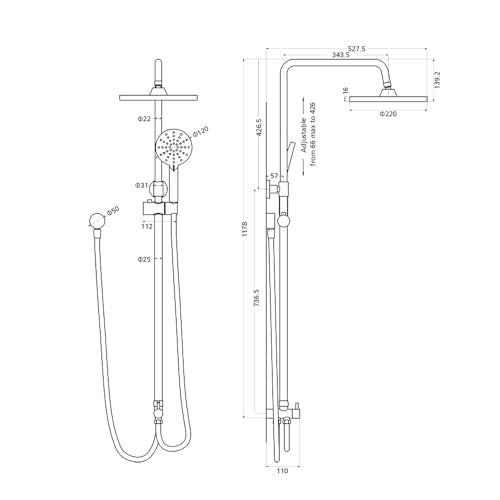 Decaura WELS Twin Hose Shower System 9" Rain Shower Head Set Sliding Rail 3-Mode Handheld Shower Head 2 in 1 Set (Round Head Chrome)