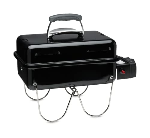 Weber Go-Anywhere Gas Barbeque Grill | Portable Gas BBQ Grill | Table Top Camping Barbeque with Lid | Porcelain-Enamelled Bowl | Small & Lightweight Deep Dish Outdoor Stove - Ivory (1125004)