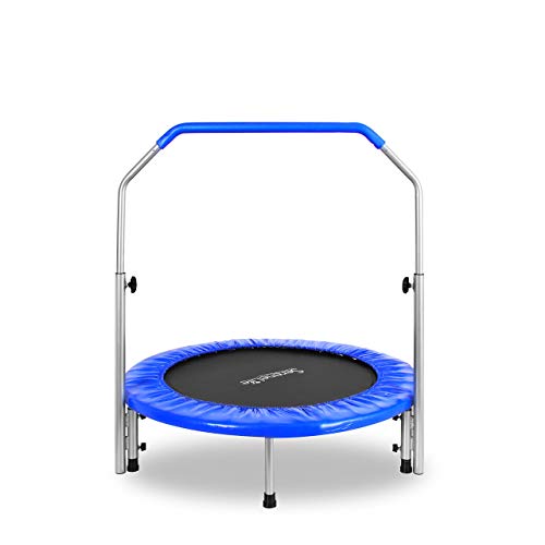 SereneLife Portable & Foldable Trampoline - 40" in-Home Mini Rebounder with Adjustable Handrail, Fitness Body Exercise - SLSPT409, Blue