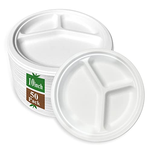 100% Compostable 50pc * 10“ Heavy-Duty Pulp Molded Stronger Paper Plate for Happy Party Set, Perfect for Christmas Carnival Catering Serving, 3 Compartment Eco-Friendly Disposable White Bagasse