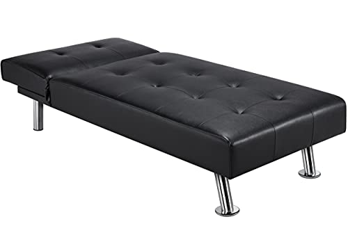 Yaheetech Faux Leather Sofa Bed Sleeper - Convertible Futon Sofa Modern Recliner Couch Daybed with Chrome Metal Legs for Living Room Black