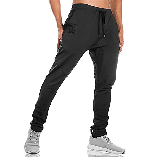 BROKIG Mens Joggers Sport Pants, Casual Gym Workout Sweatpants with Double Pockets (Large, Black)