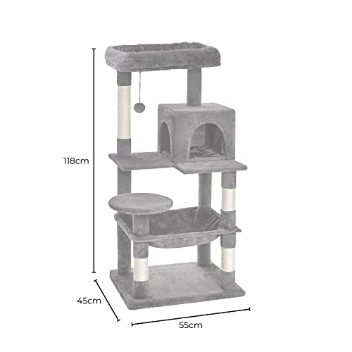 Floofi Cat Tree with Scratching Post & Interactive Cat Toy, Multi-Level Tower & Play House Suitable for Indoors (118 cm, Light Grey Plush Cat Condo)