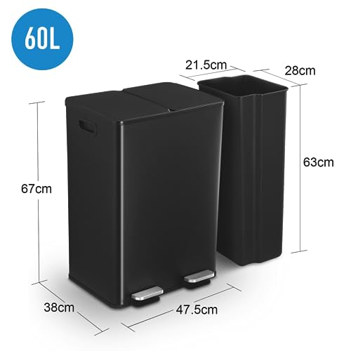 60L Pedal Rubbish Bin Dual Compartment Garbage Bin Recycling Bin Waste Stainless Steel Trash can Soft Closing Lid for Kitchen Office Black