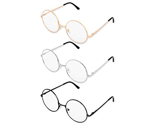 PLAY BLING Metal Frame Round Glasses Set of 3 Clear Lens Large 2 Inches Lightweight Circle Eyeglasses for Women Men Christmas Santa Claus Photo Props